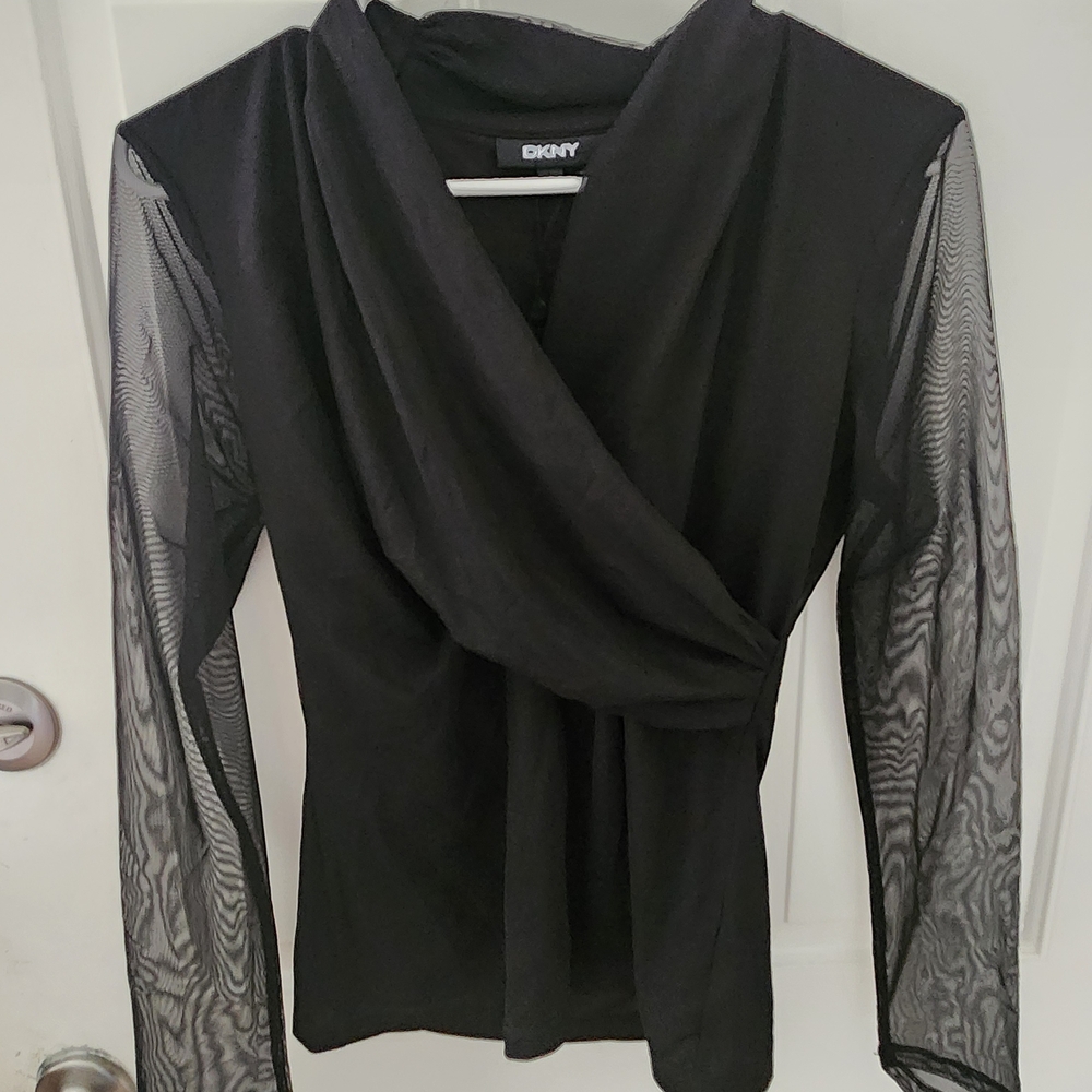DKNY Black Drape Front Top with Mesh Sleeves